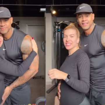 Lore Improta exibe barriga de grávida ao lado de Léo Santana em academia: ‘Entre um exercício e outro’