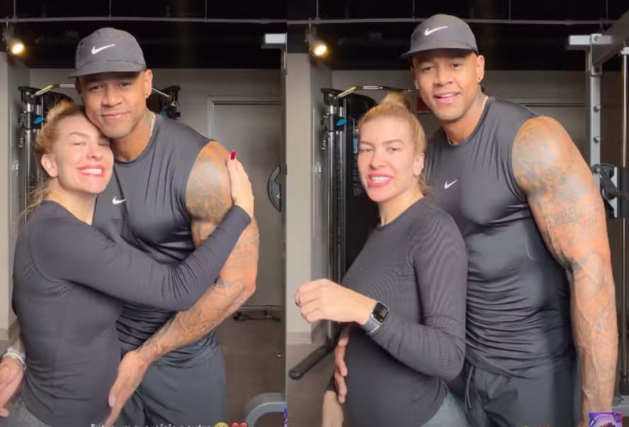 Lore Improta exibe barriga de grávida ao lado de Léo Santana em academia: ‘Entre um exercício e outro’