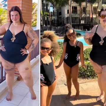 Thais Carla combina maiô com os das filhas após perder quase 100kg