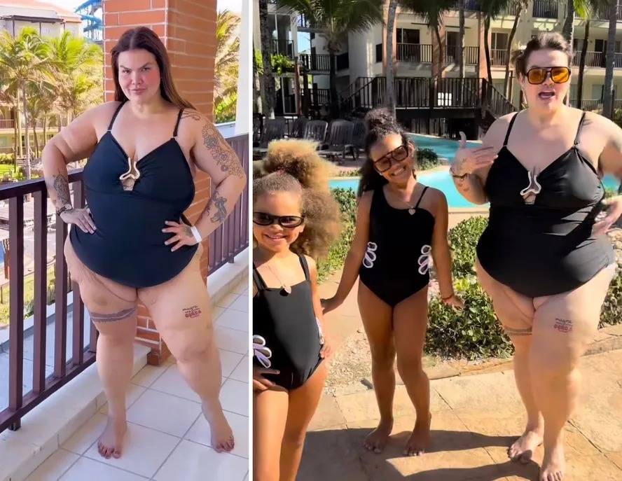 Thais Carla combina maiô com os das filhas após perder quase 100kg
