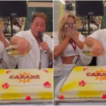 ‘Ingrediente especial’: Leonardo joga cachaça em bolo e choca Poliana Rocha