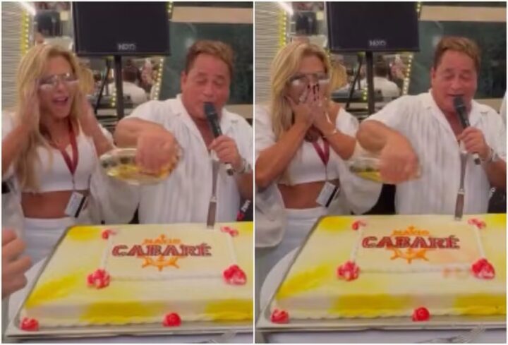 ‘Ingrediente especial’: Leonardo joga cachaça em bolo e choca Poliana Rocha