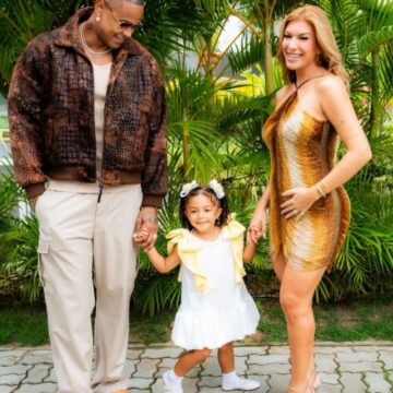 Léo Santana e Lore Improta combinam roupas com Liz antes de show do cantor em Salvador: ‘Família abençoada’