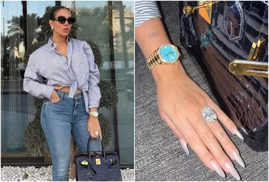 Georgina Rodríguez ostenta look com aliança de R$ 27 milhões, relógio de R$ 1 milhão e bolsa de R$ 354 mil