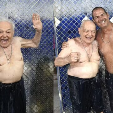 Aos 92 anos, Othon Bastos visita terra natal na Bahia e toma banho de água termal com o filho