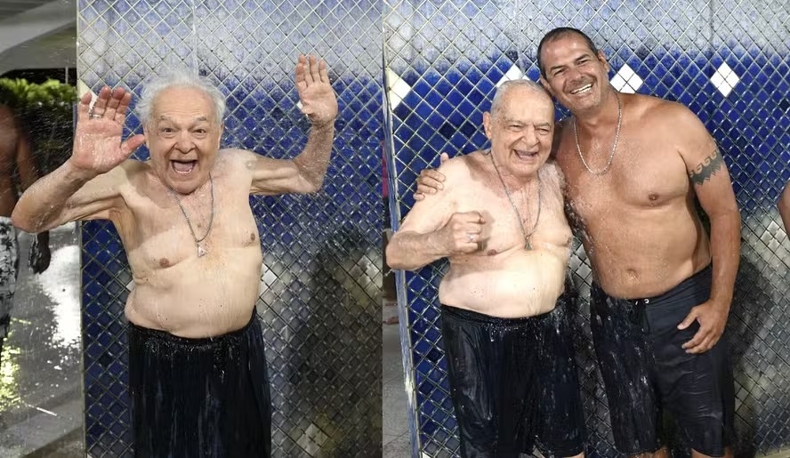 Aos 92 anos, Othon Bastos visita terra natal na Bahia e toma banho de água termal com o filho