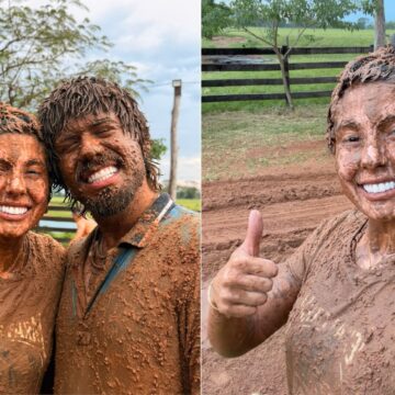Ana Castela e Zé Felipe brincam em poças de lama em fazenda; veja fotos