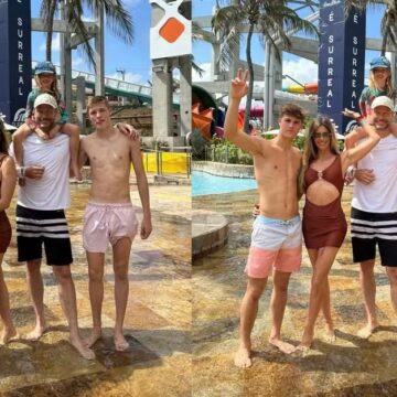 Fernanda Lima e Rodrigo Hilbert curtem parque aquático com os filhos; altura dos gêmeos chama atenção