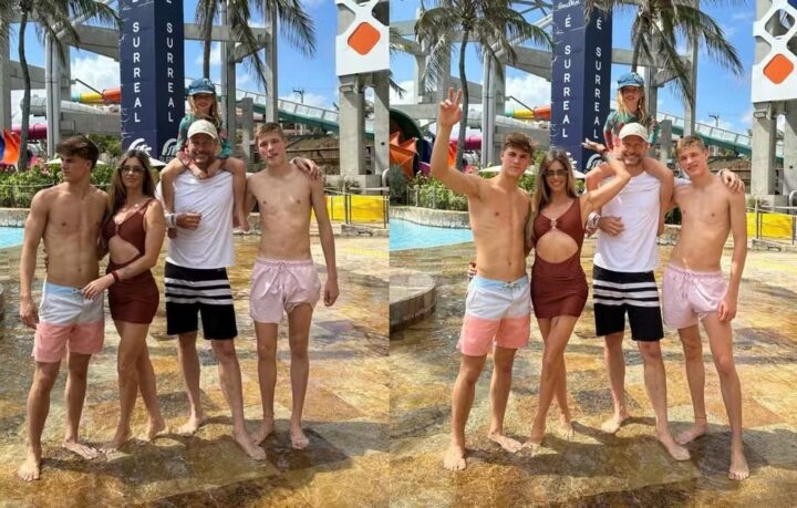 Fernanda Lima e Rodrigo Hilbert curtem parque aquático com os filhos; altura dos gêmeos chama atenção