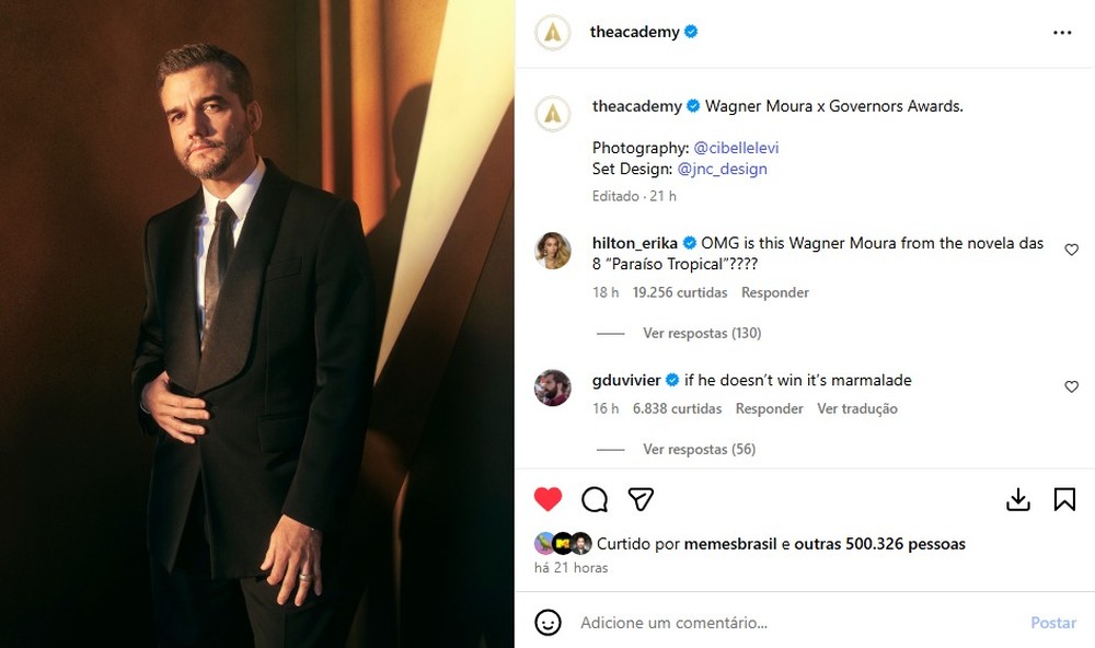 Foto de Wagner Moura no perfil do Oscar chega a meio milhão de curtidas em menos de 24h