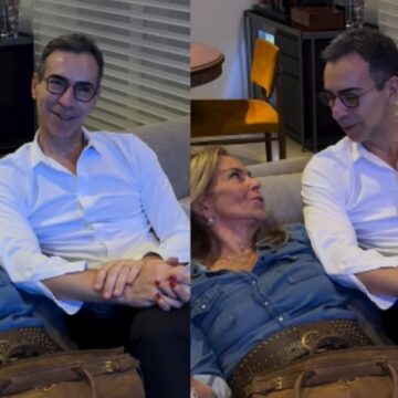 De mãos dadas com a sogra, César Tralli se emociona ao lembrar da mãe