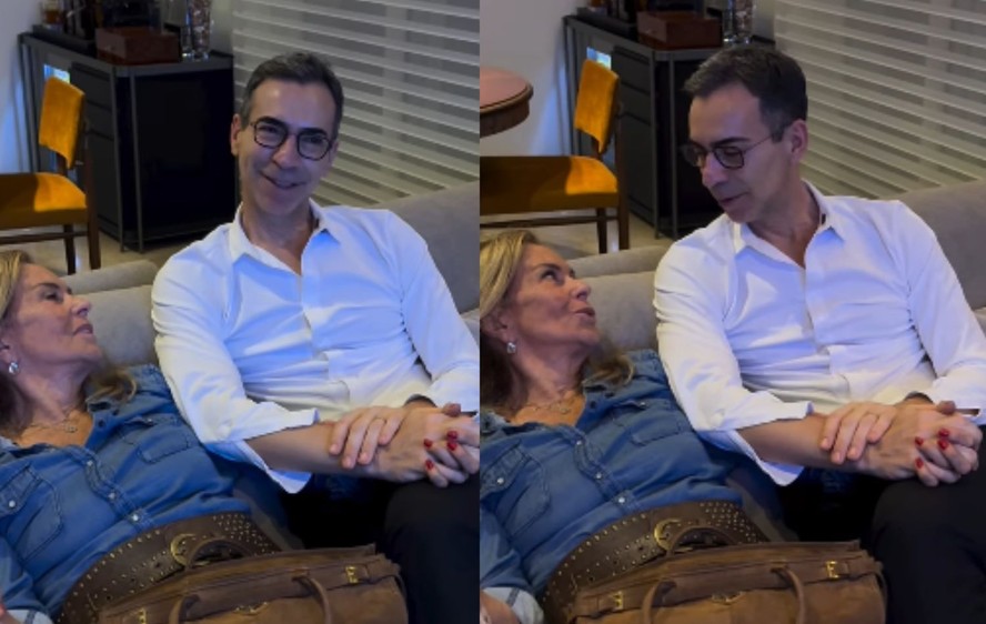 De mãos dadas com a sogra, César Tralli se emociona ao lembrar da mãe
