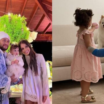 Após cirurgia de emergência, filha de Neymar e Amanda Kimberlly encanta ao brincar com cachorro