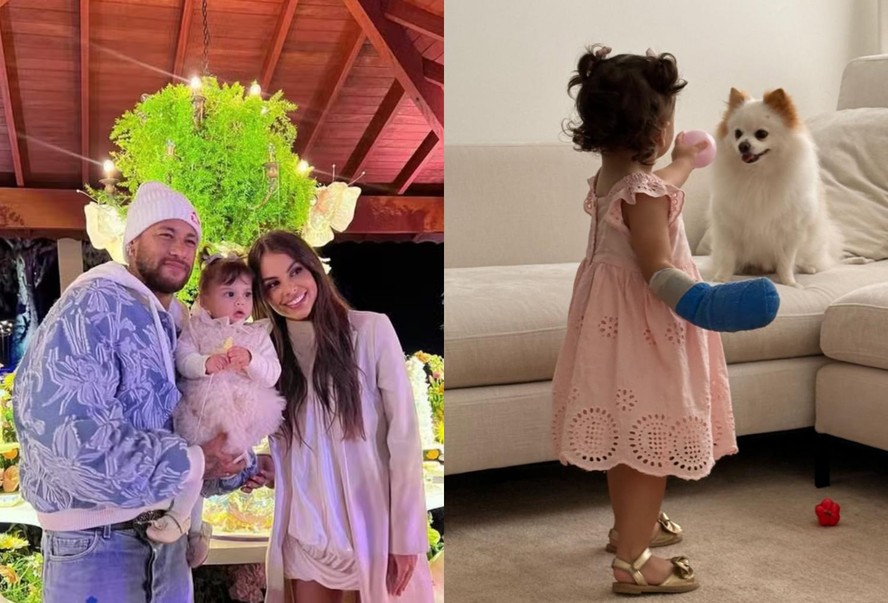 Após cirurgia de emergência, filha de Neymar e Amanda Kimberlly encanta ao brincar com cachorro