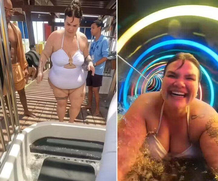 Após perder 72 kg, Thais Carla realiza sonho de descer em toboágua