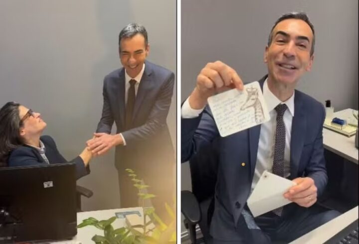 Cesar Tralli exibe bastidores e presente de Renata Vasconcellos em sua estreia no Jornal Nacional