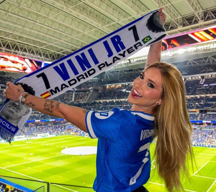 Virginia Fonseca capricha no look para torcer por Vini Jr. na Espanha: ‘Sua namorada é brega’