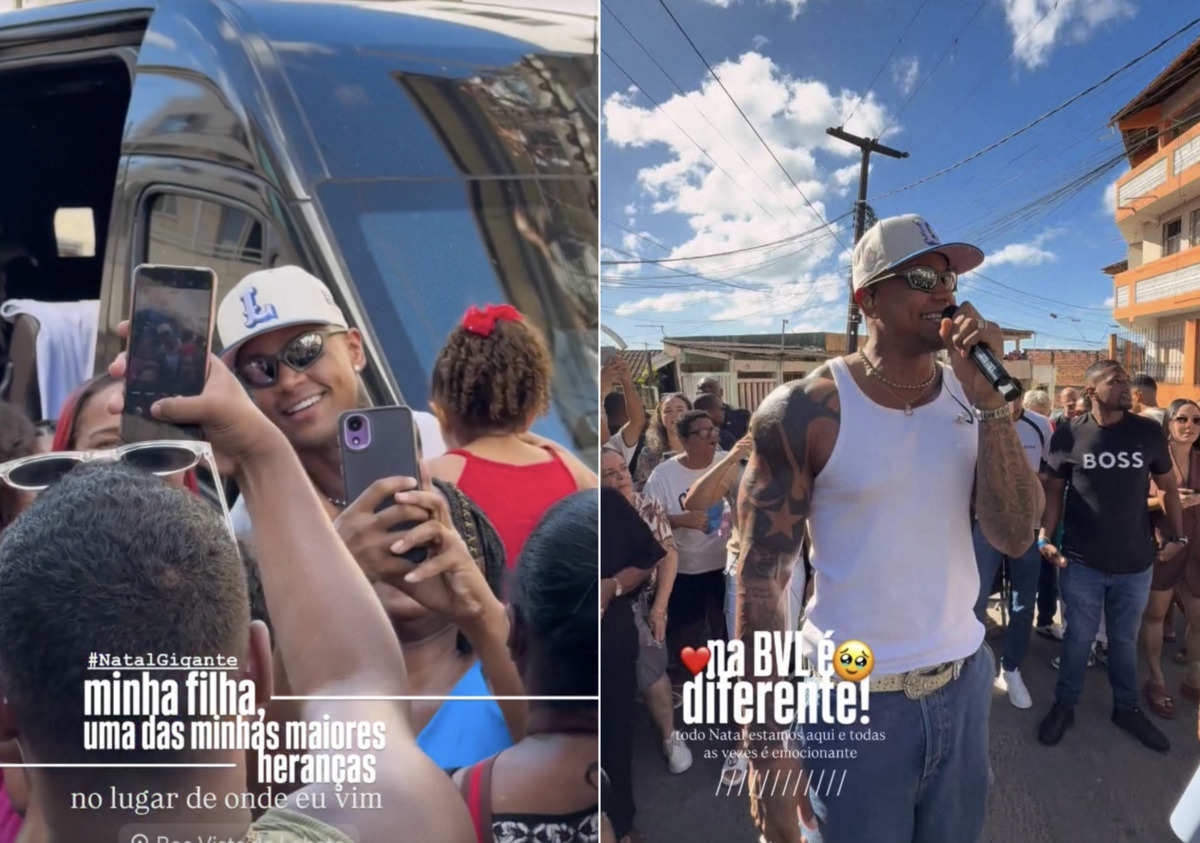 Com a filha Liz, Léo Santana visita bairro onde nasceu em Salvador; veja vídeos