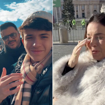 Após AVC, esposa de Maurício Manieri se emociona ao visitar Vaticano