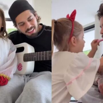 Curtindo os filhos: Zé Felipe canta com Maria Alice e é maquiado por Maria Flor