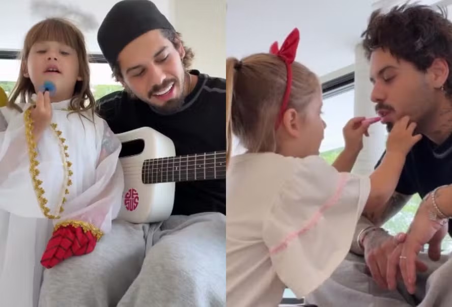 Curtindo os filhos: Zé Felipe canta com Maria Alice e é maquiado por Maria Flor