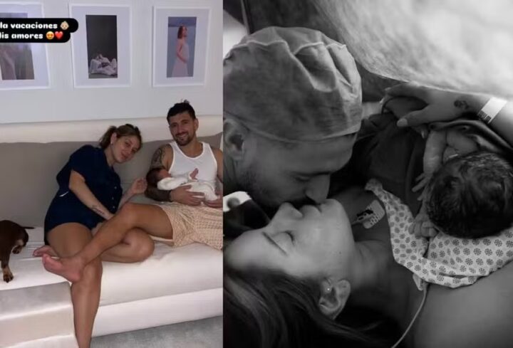 Arrascaeta posa com esposa, Camila Bastini, e filho recém-nascido: ‘Olá, férias’