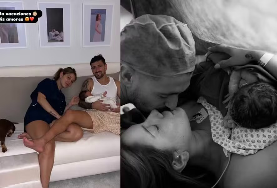 Arrascaeta posa com esposa, Camila Bastini, e filho recém-nascido: ‘Olá, férias’