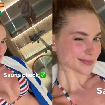 Virginia posa de biquíni em sauna durante na casa de Vini Jr., em Madri