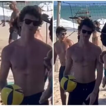 Shawn Mendes manda beijo para Bruna Marquezine durante partida de vôlei no Nordeste