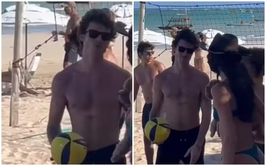 Shawn Mendes manda beijo para Bruna Marquezine durante partida de vôlei no Nordeste