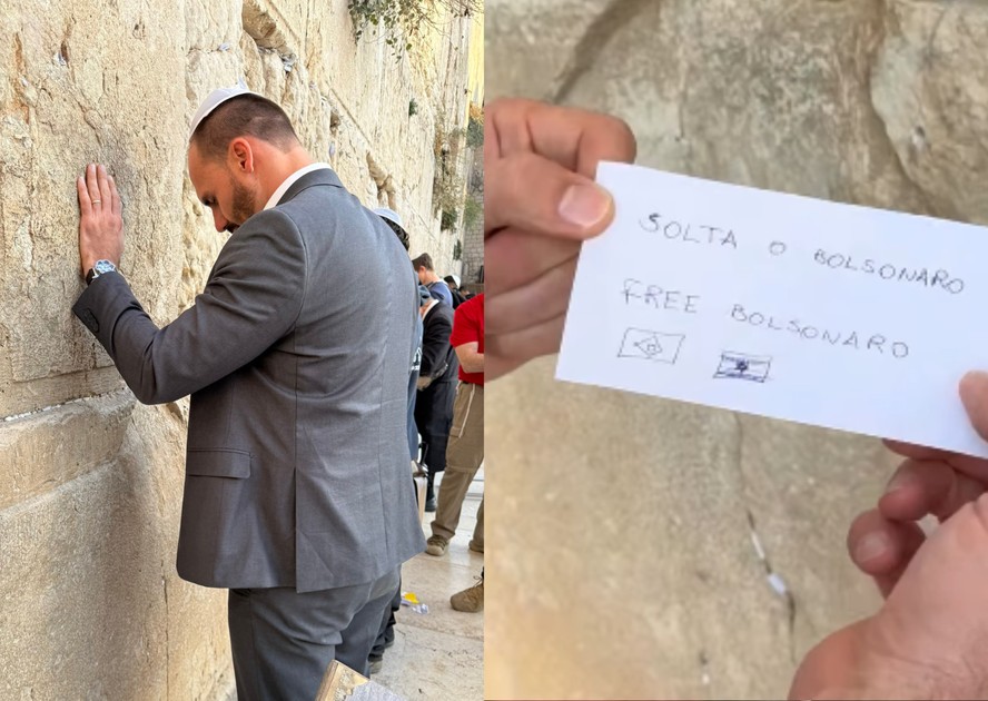 Filho de Jair Bolsonaro visita o Muro das Lamentações e deixa pedido contra prisão do pai: ‘Solta’