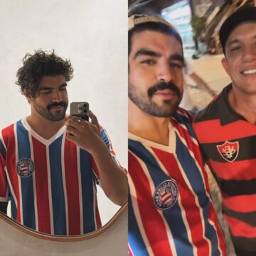 Em Morro de São Paulo, Caio Castro posa com camisa o Bahia e se declara: ‘Bora Bahia’