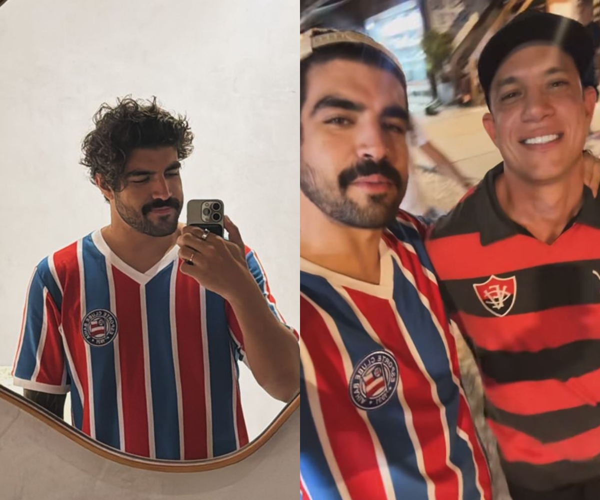 Em Morro de São Paulo, Caio Castro posa com camisa o Bahia e se declara: ‘Bora Bahia’