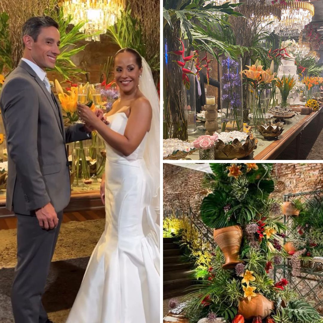 Decoração tropical romântica e menu diversificado: saiba detalhes do casamento de Carla Cristina e Alexandre Aragon