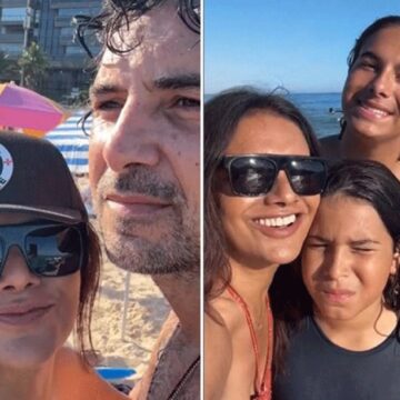 Em clima de férias, Dira Paes curte praia com marido e filhos