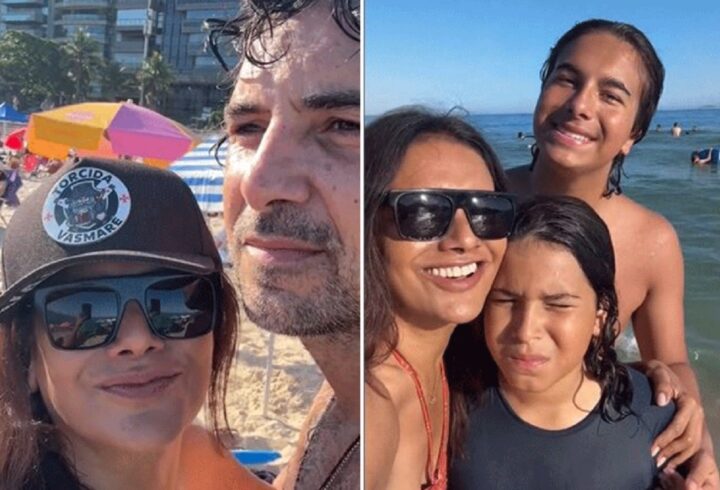 Em clima de férias, Dira Paes curte praia com marido e filhos