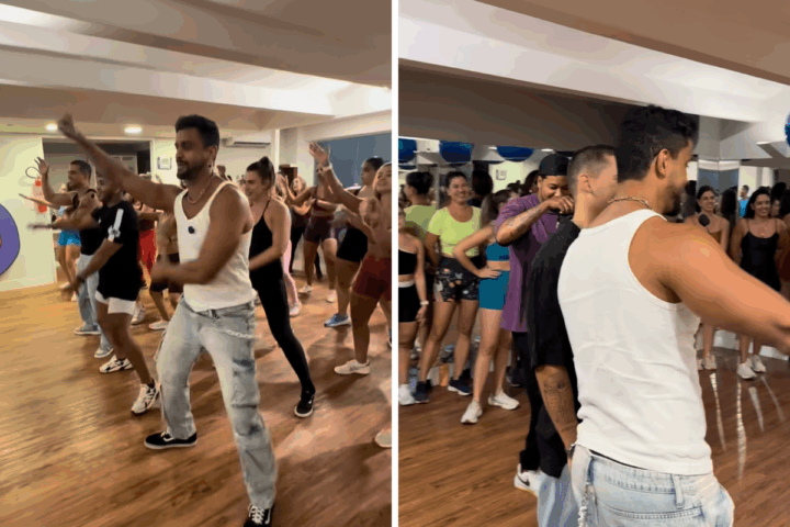 Lincoln Senna e Guga Meyra invadem aula de fitdance e surpreendem alunos em Salvador; veja vídeo