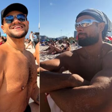 Gominho curte praia com Hélyo Felipe, participante de reality de trisal