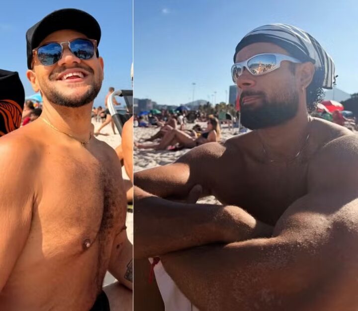 Gominho curte praia com Hélyo Felipe, participante de reality de trisal