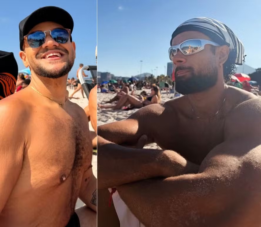 Gominho curte praia com Hélyo Felipe, participante de reality de trisal
