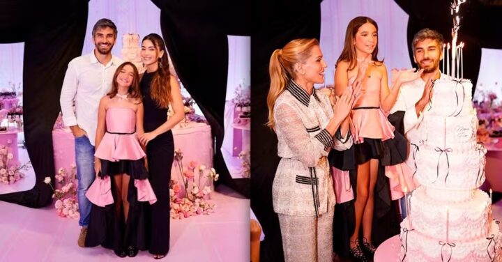 Hugo Moura posa com a filha e a namorada durante festa de 10 anos de Maria Flor