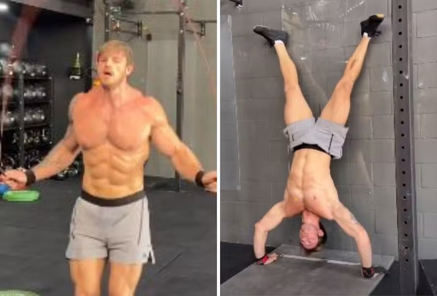 Noivo de Juliette impressiona ao fazer flexão de cabeça para baixo durante treino