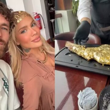 Karoline Lima e Léo Pereira vivem experiência de ostentação ao provar ‘carne de ouro’ no Catar