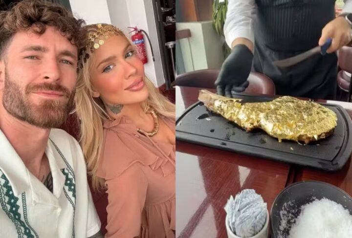 Karoline Lima e Léo Pereira vivem experiência de ostentação ao provar ‘carne de ouro’ no Catar