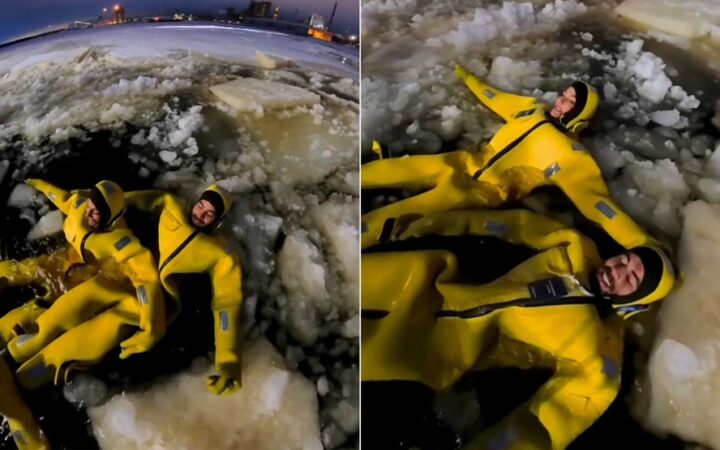 Mari Gonzalez e Pipo Marques mergulham em mar congelado na Finlândia; veja vídeo