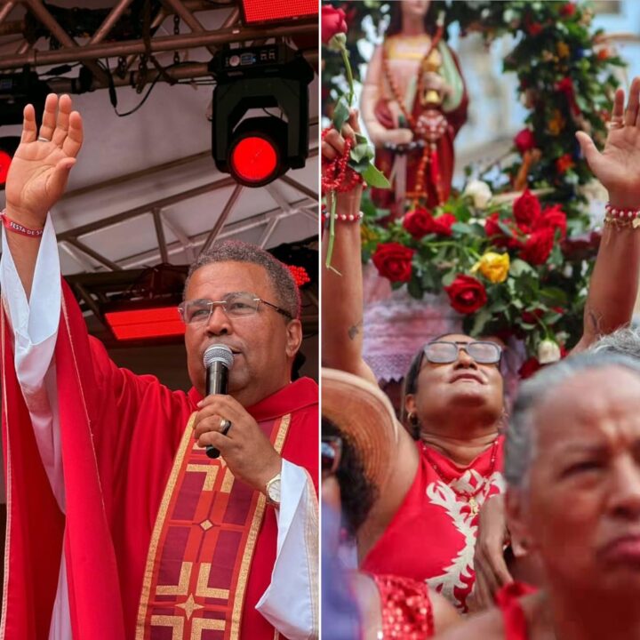 Padre Lázaro canta Alcione e emociona fiéis na abertura da Festa de Santa Bárbara; veja vídeo