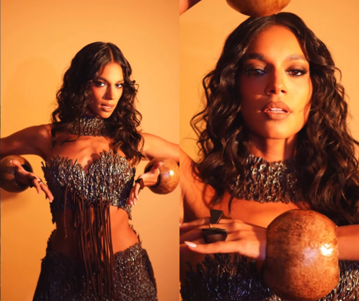 Alane Dias aposta em look feito de cola quente para ensaio da Grande Rio; veja