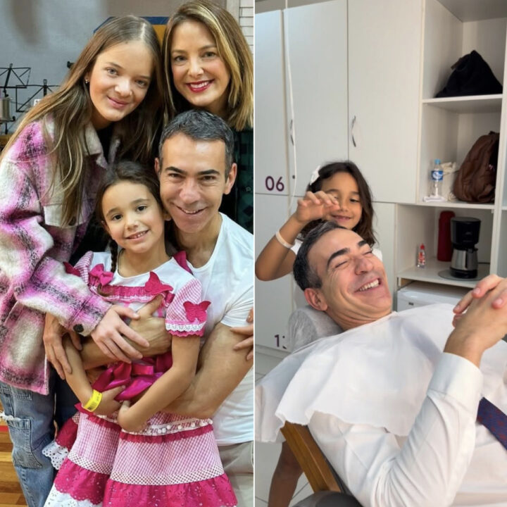Filha de César Tralli e Tici Pinheiro esbanja fofura ao visitar o pai nos estúdios da TV Globo: ‘Mini assistente’