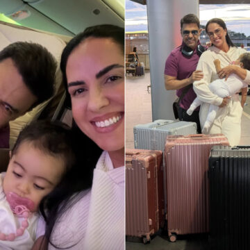 Graciele Lacerda e Zezé di Camargo embarcam em primeira viagem internacional com a filha Clara