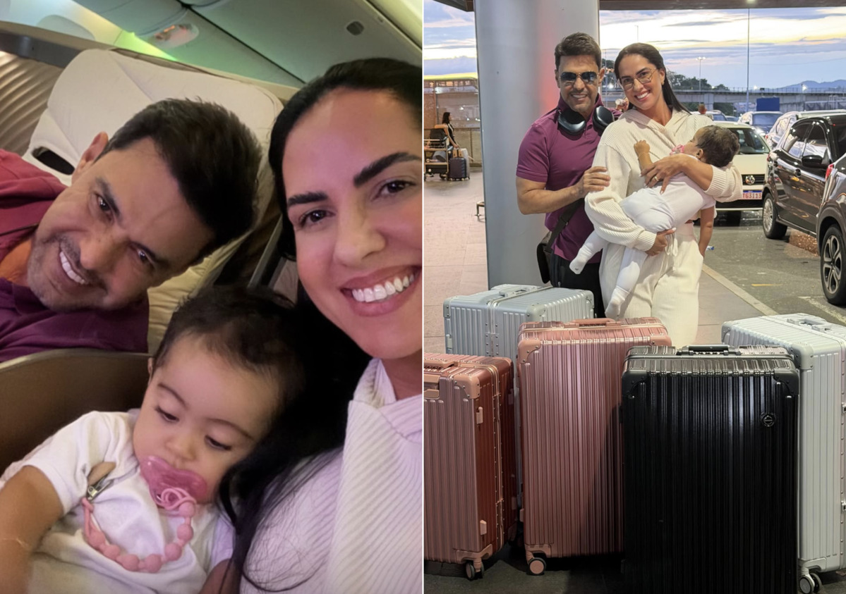 Graciele Lacerda e Zezé di Camargo embarcam em primeira viagem internacional com a filha Clara
